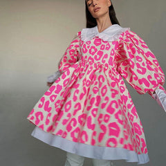 Herbstkleid, langärmelig, hochtailliert, bedruckt, A-Linien-Kleid, Puppenkragen, Babydoll-Kleid