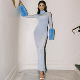 Fall Long Sleeve Light Blue Tencel Dress Slim Fit Solid Color Mesh Oversleeve Dress