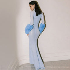 Fall Long Sleeve Light Blue Tencel Dress Slim Fit Solid Color Mesh Oversleeve Dress