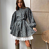 Fall French Elegant Puff Sleeve Floral Stup Collar Cinched Long Sleeve A line Dress