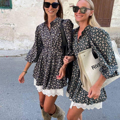 Vestido elegante francés de otoño con mangas abullonadas, cuello alto y estampado floral, corte en A y manga larga ceñida