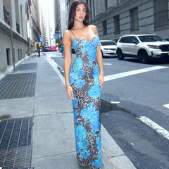 Fall Maxi Dress Street Elegant Slim Print Design Sling