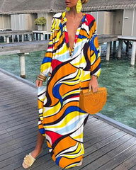 Fall Printed Pullover Long Sleeve Dress V neck Swing Loose Jumpsuit