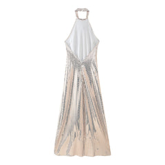 Fall Sequ Hanging Collar Flared Sleeveless Slim Maxi Dress