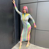 Fall Mesh See through Turtleneck Long Sleeve Slim Fit High Waist Length Dress