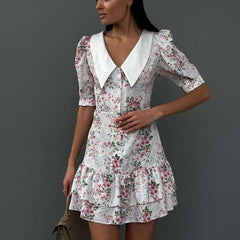 Floral Dress High Grade French Short Sleeve Collared Waist Tight Slimming Tea Break A line Dress