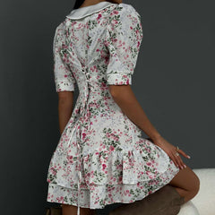 Floral Dress High Grade French Short Sleeve Collared Waist Tight Slimming Tea Break A line Dress
