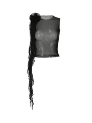 Kurzes Tanktop aus transparentem Netzstoff mit Blumenverzierung