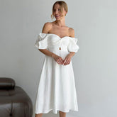 French Bubble Wrinkle Square Collar Slimming Puff Sleeve A line Dress Arrival