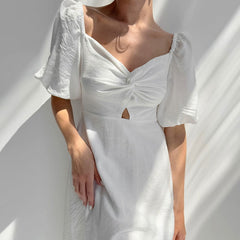 French Bubble Wrinkle Square Collar Slimming Puff Sleeve A line Dress Arrival