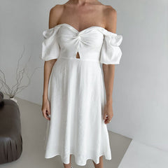 French Bubble Wrinkle Square Collar Slimming Puff Sleeve A line Dress Arrival