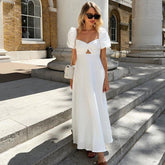 French Design Square Collar Slimming Puff Sleeve A Line Dress White Dress