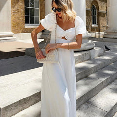 French Design Square Collar Slimming Puff Sleeve A Line Dress White Dress