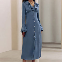 French Imitation Acetate Satin V neck Flared Sleeves High Waist Ruffles Dress Autumn