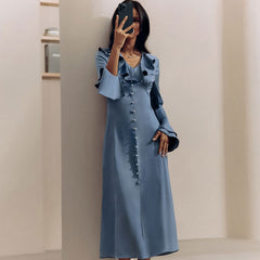 French Imitation Acetate Satin V neck Flared Sleeves High Waist Ruffles Dress Autumn