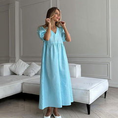 French Lightly Mature V neck Puff Sleeve Blue Dress Arrival Casual Dress