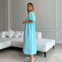French Lightly Mature V neck Puff Sleeve Blue Dress Arrival Casual Dress