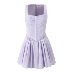 French Sleeveless Breasted Dress Sweet Spicy Slim Solid Color A line Pleated Dress