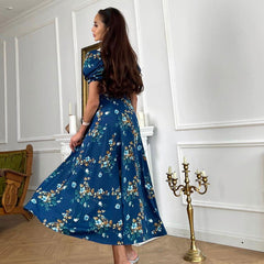 French Peter Pan Collar Short Sleeve Blue Floral Slimming High End Exquisite First Love Dress