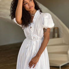 French White Dress Short Sleeve V Neck Lace Up Casual Dress