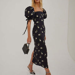 French Holiday Dress Floral Puff Sleeve off Neck Slim Fit Long Dress