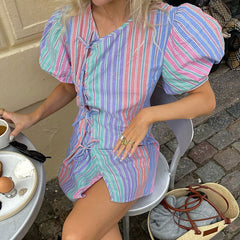 Fresh Casual V Neck Striped Printed Puff Sleeves Irregular Asymmetric Lace Up Dress