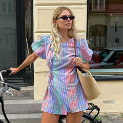 Fresh Casual V Neck Striped Printed Puff Sleeves Irregular Asymmetric Lace Up Dress
