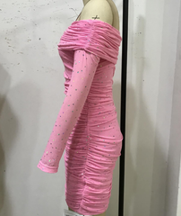 Fresh Sweet Mesh Heart-Shaped Silver Slim Fit Pleated off Neck Long Sleeve Solid Color Dress
