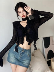 Transparentes Gothic-Crop-Top mit Rüschen
