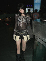 Grunge Cross Mesh-Oberteil mit weitem Ausschnitt