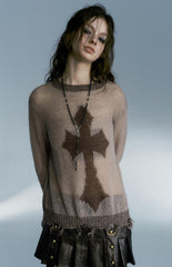 Grunge Distressed Kreuz Pullover