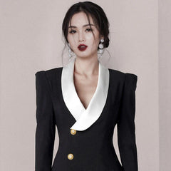 Notched Black White Patchwork Mini Dress