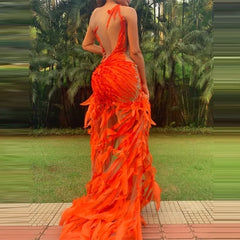 Orange Illusion Irregular Jewel Neck Prom Dress