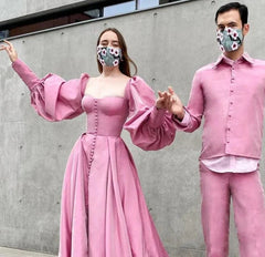 Bishop Sleeves High Slit Taffeta Long Gowns