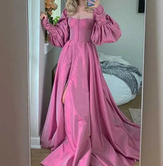 Bishop Sleeves High Slit Taffeta Long Gowns