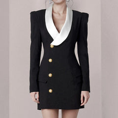 Notched Black White Patchwork Mini Dress