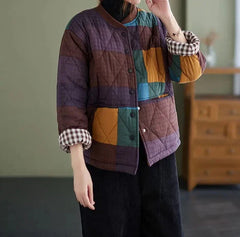 Cotton Linen Plaid Quilted Lightweight Jacket