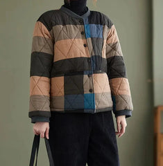 Cotton Linen Plaid Quilted Lightweight Jacket
