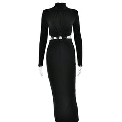Half High Collar Long Sleeves Stitching Backless Pleated Dress Winter