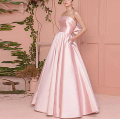 Pearls Pink Satin Strapless Big Bow Back Prom Dress