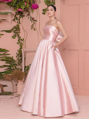 Pearls Pink Satin Strapless Big Bow Back Prom Dress