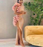 High Split Organza Ruffles Sequin Floor Length Dress