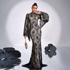 High End Long Sleeve Crew Neck Long Lace Cocktail Evening Dress Bridesmaid