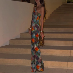 Colorful Printed Halter Maxi Dress