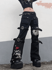 Buckle Strap Printed Cargo Jeans