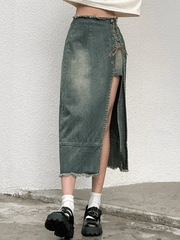 Patchwork Lace Up Slit Cargo Denim Skirt