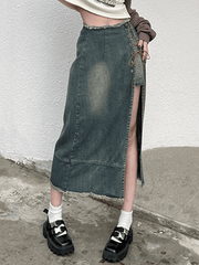 Patchwork Lace Up Slit Cargo Denim Skirt