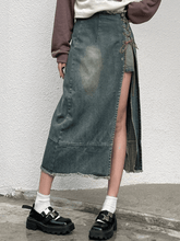 Patchwork Lace Up Slit Cargo Denim Skirt