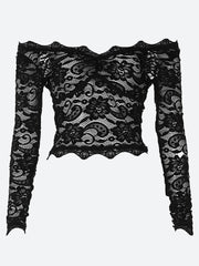 Transparentes, schulterfreies Spitzentop