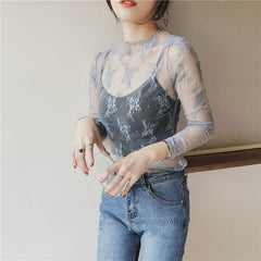 Lace Net Dress Bottoming Shirt Long Sleeve All Match Lace See Through Bottoming Shirt